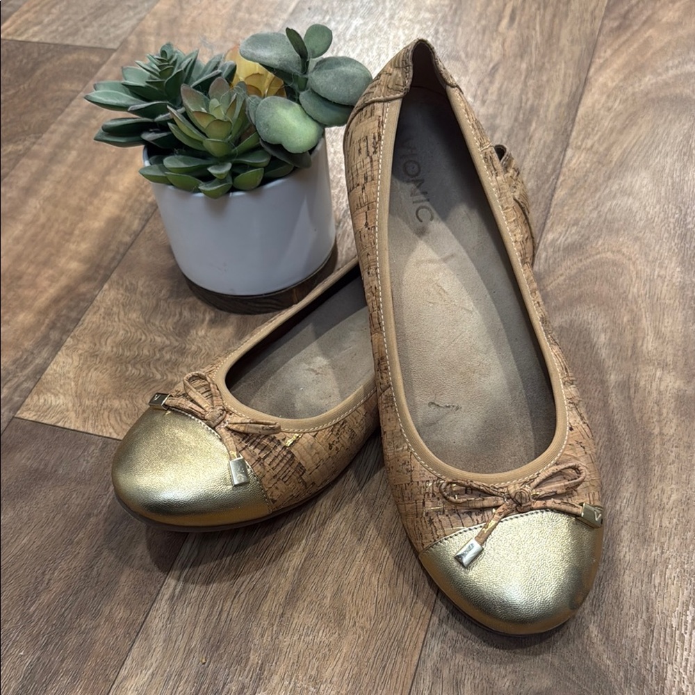 Vionic Gold and Tan Flats with Bow Accent